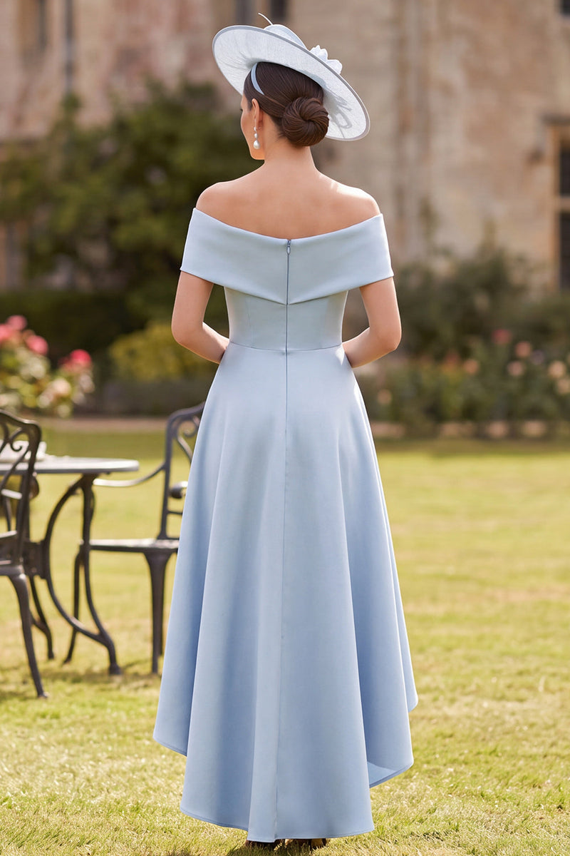Load image into Gallery viewer, Blue A Line Off the Shoulder High-Low Mother of the Bride Dress with Bow