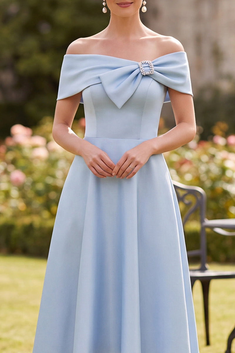 Load image into Gallery viewer, Blue A Line Off the Shoulder High-Low Mother of the Bride Dress with Bow