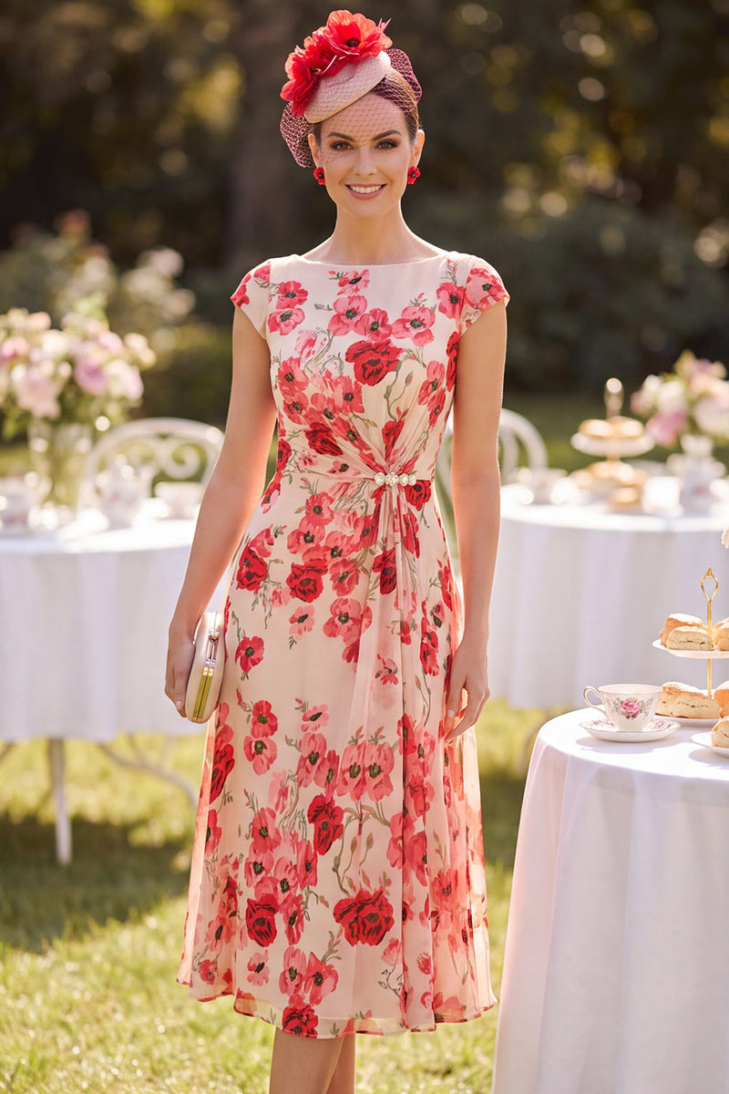 Load image into Gallery viewer, Floral Red Ruched A Line Beaded Midi Mother of the Bride Dress with Rhinestones