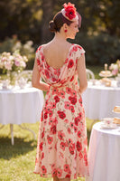 Load image into Gallery viewer, Floral Red Ruched A Line Beaded Midi Mother of the Bride Dress with Rhinestones