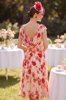 Floral Red Ruched A Line Beaded Midi Mother of the Bride Dress with Rhinestones