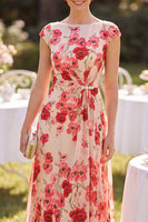 Load image into Gallery viewer, Floral Red Ruched A Line Beaded Midi Mother of the Bride Dress with Rhinestones