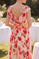 Load image into Gallery viewer, Floral Red Ruched A Line Beaded Midi Mother of the Bride Dress with Rhinestones