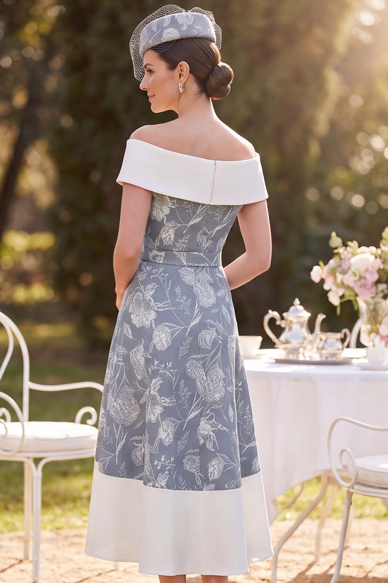 Load image into Gallery viewer, Floral Grey White A Line High-Low Mother of the Bride Dress with Belt