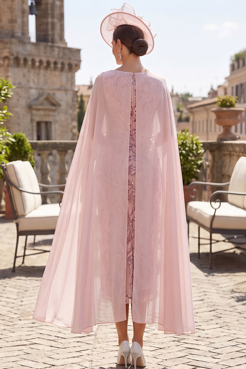 Load image into Gallery viewer, Bodycon Pink Sparkly Sequin Floral Midi Mother of the Bride Dress with Cape