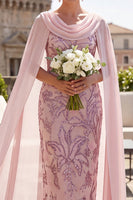 Load image into Gallery viewer, Bodycon Pink Sparkly Sequin Floral Midi Mother of the Bride Dress with Cape