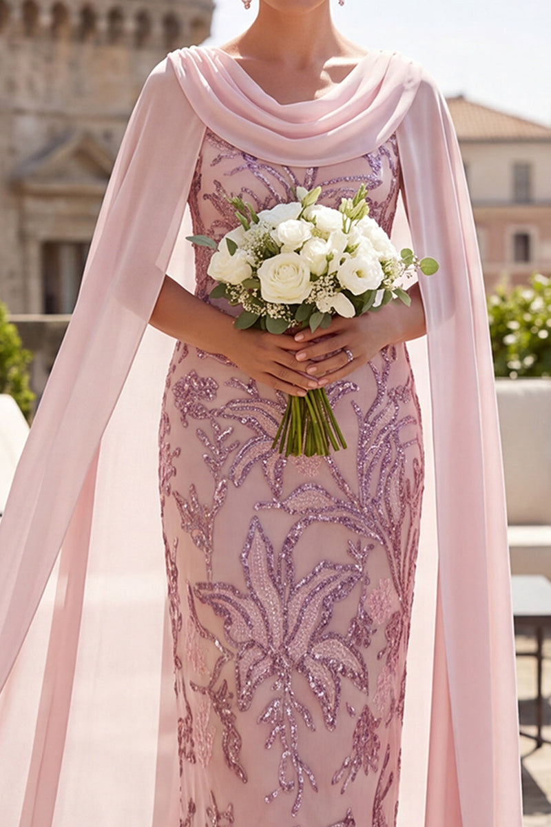 Load image into Gallery viewer, Bodycon Pink Sparkly Sequin Floral Midi Mother of the Bride Dress with Cape