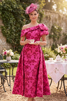 Load image into Gallery viewer, A Line Fuchsia Floral Ruched One Shoulder Long Mother of the Bride Dress with Bow
