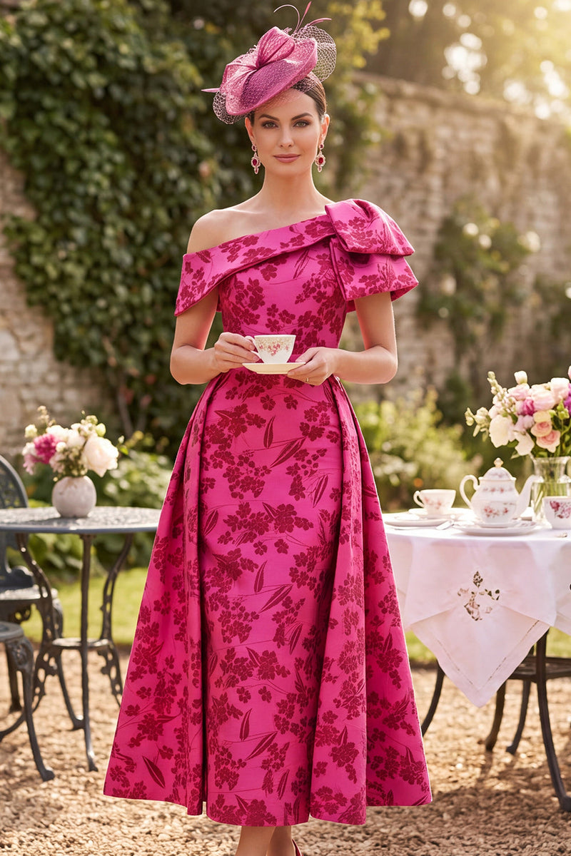 Load image into Gallery viewer, A Line Fuchsia Floral Ruched One Shoulder Long Mother of the Bride Dress with Bow