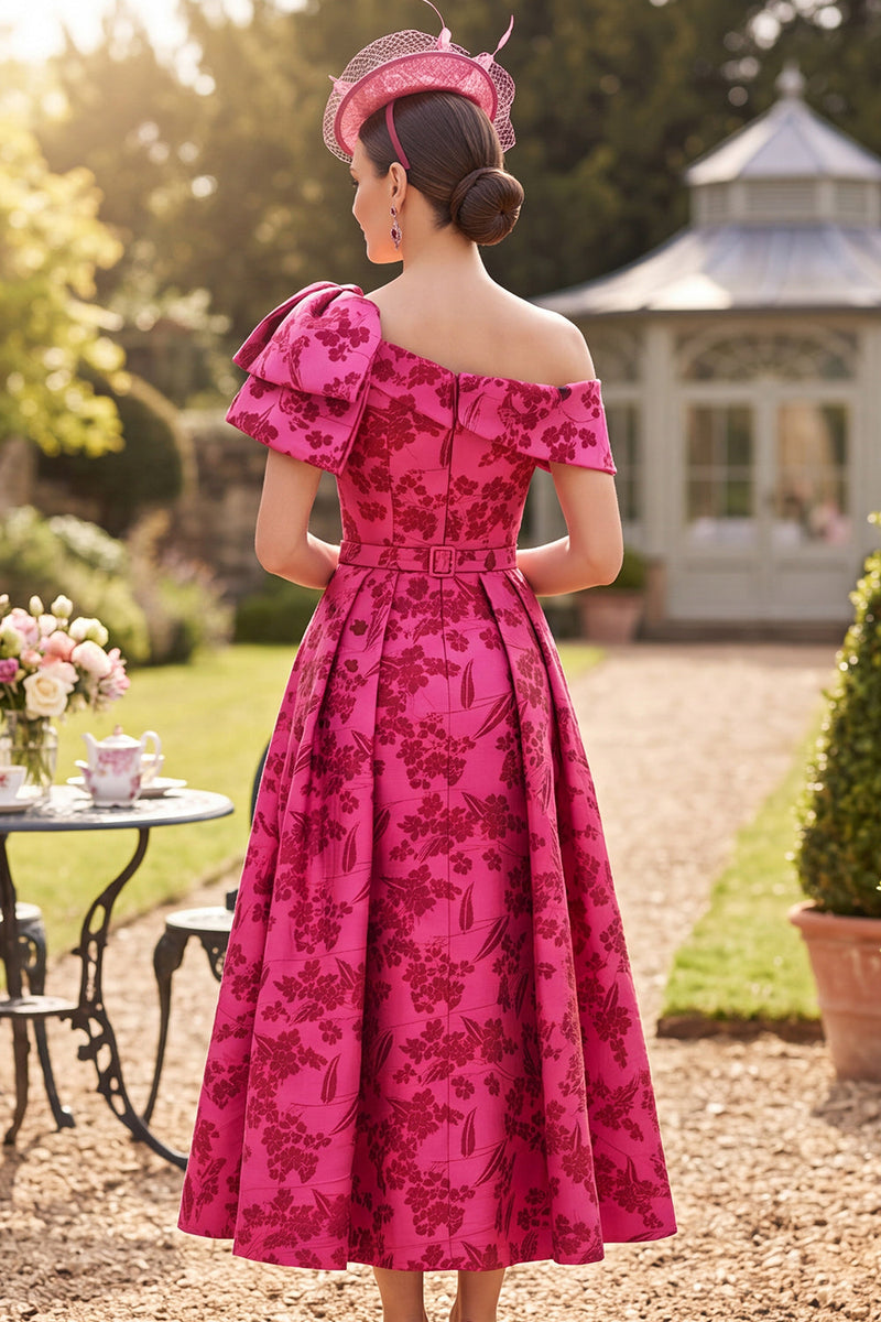 Load image into Gallery viewer, A Line Fuchsia Floral Ruched One Shoulder Long Mother of the Bride Dress with Bow