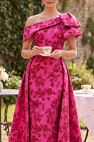 Load image into Gallery viewer, A Line Fuchsia Floral Ruched One Shoulder Long Mother of the Bride Dress with Bow