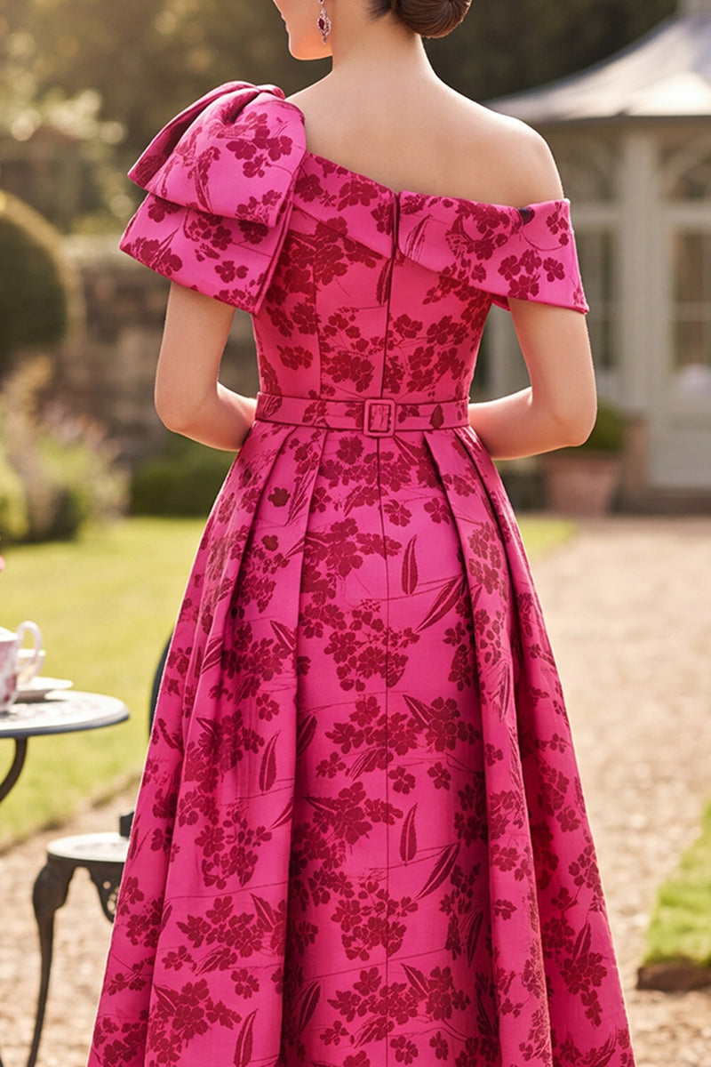 Load image into Gallery viewer, A Line Fuchsia Floral Ruched One Shoulder Long Mother of the Bride Dress with Bow