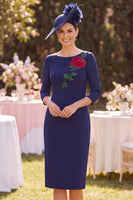 Load image into Gallery viewer, Bodycon Navy Floral Boat Neck Midi Mother of the Bride Dress