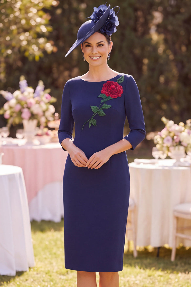 Load image into Gallery viewer, Bodycon Navy Floral Boat Neck Midi Mother of the Bride Dress