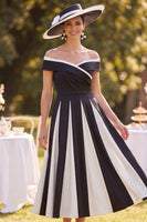 Load image into Gallery viewer, Black White Ruched A Line Off the Shoulder Midi Mother of the Bride Dress