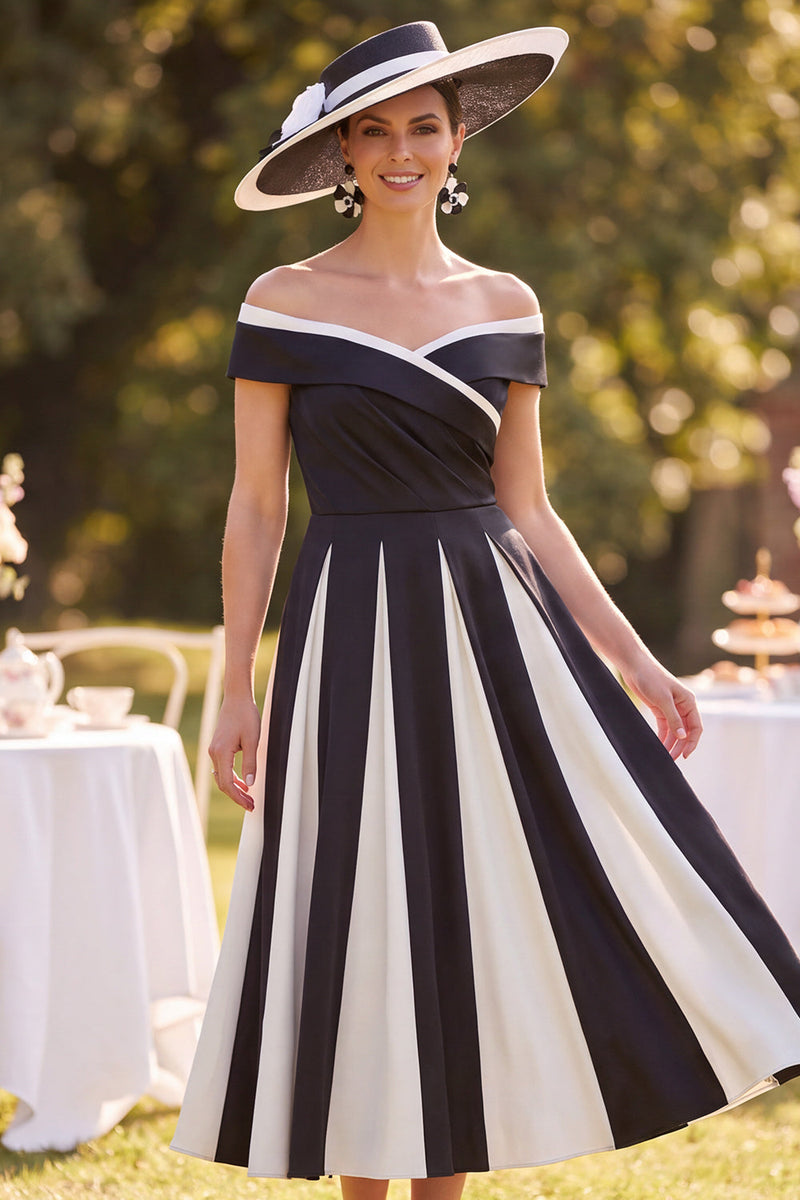 Load image into Gallery viewer, Black White Ruched A Line Off the Shoulder Midi Mother of the Bride Dress