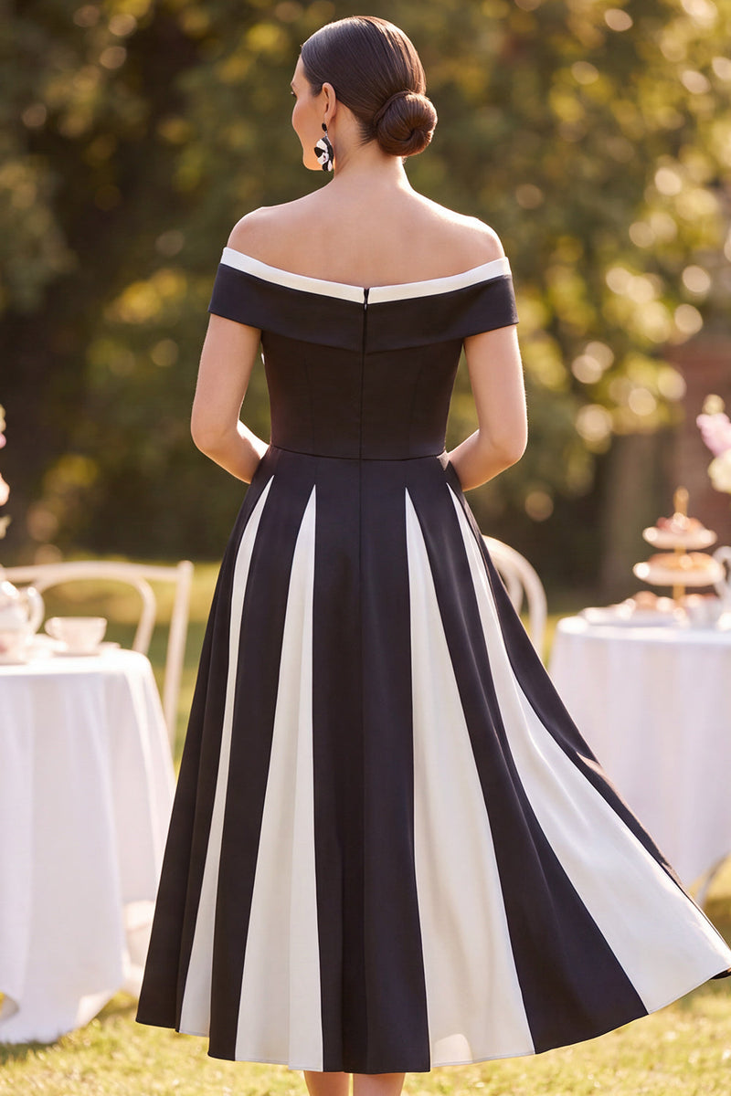 Load image into Gallery viewer, Black White Ruched A Line Off the Shoulder Midi Mother of the Bride Dress