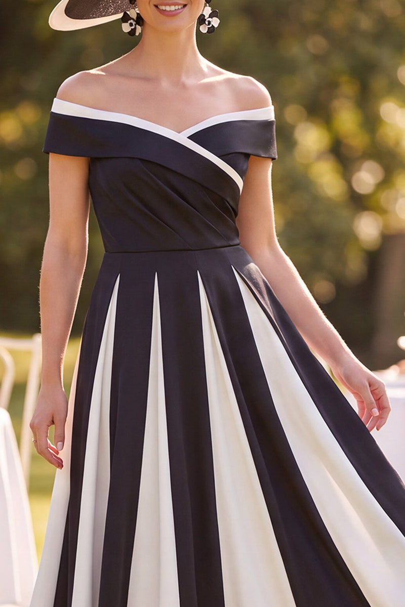 Load image into Gallery viewer, Black White Ruched A Line Off the Shoulder Midi Mother of the Bride Dress