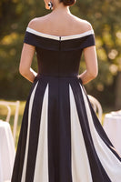 Load image into Gallery viewer, Black White Ruched A Line Off the Shoulder Midi Mother of the Bride Dress
