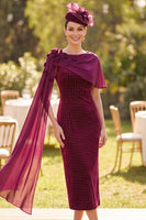 Load image into Gallery viewer, Bodycon Burgundy Velvet Midi Mother of the Bride Dress with 3D Flowers