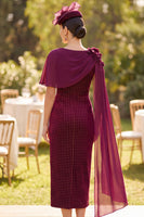 Load image into Gallery viewer, Bodycon Burgundy Velvet Midi Mother of the Bride Dress with 3D Flowers