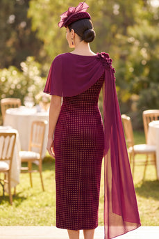 Bodycon Burgundy Velvet Midi Mother of the Bride Dress with 3D Flowers