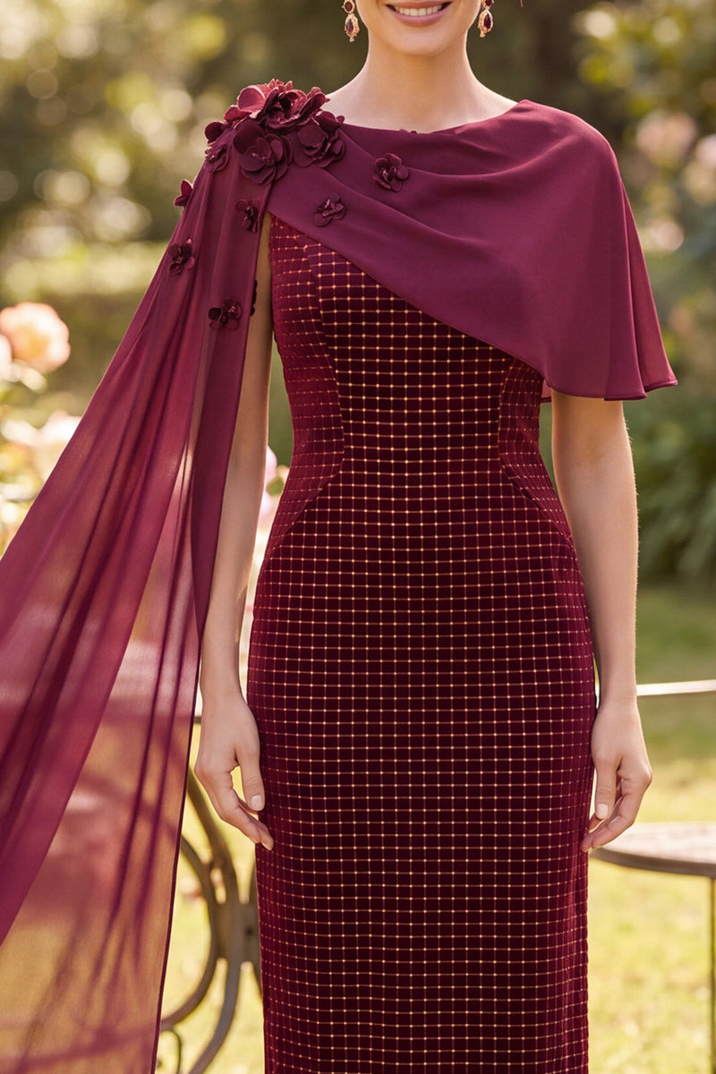Load image into Gallery viewer, Bodycon Burgundy Velvet Midi Mother of the Bride Dress with 3D Flowers