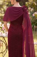 Load image into Gallery viewer, Bodycon Burgundy Velvet Midi Mother of the Bride Dress with 3D Flowers