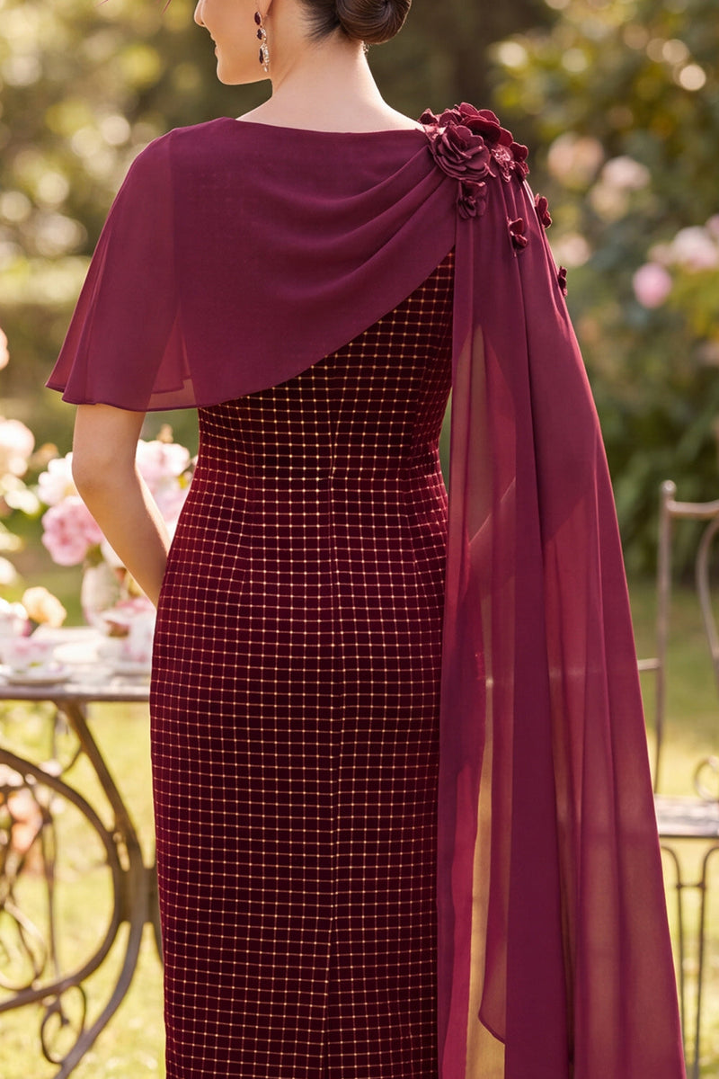 Load image into Gallery viewer, Bodycon Burgundy Velvet Midi Mother of the Bride Dress with 3D Flowers