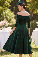 Load image into Gallery viewer, Velvet Dark Green A Line Ruched Off the Shoulder Midi Mother of the Bride Dress