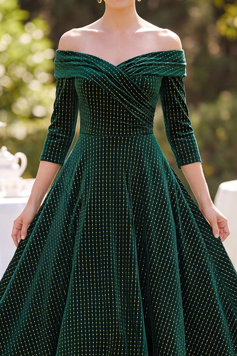 Load image into Gallery viewer, Velvet Dark Green A Line Ruched Off the Shoulder Midi Mother of the Bride Dress