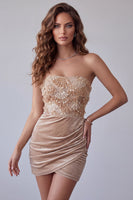 Load image into Gallery viewer, Champagne Sparkly Tight Velvet Ruched Floral Asymmetrical Cocktail Dress with Sequins