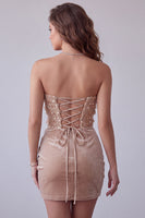 Load image into Gallery viewer, Champagne Sparkly Tight Velvet Ruched Floral Asymmetrical Cocktail Dress with Sequins