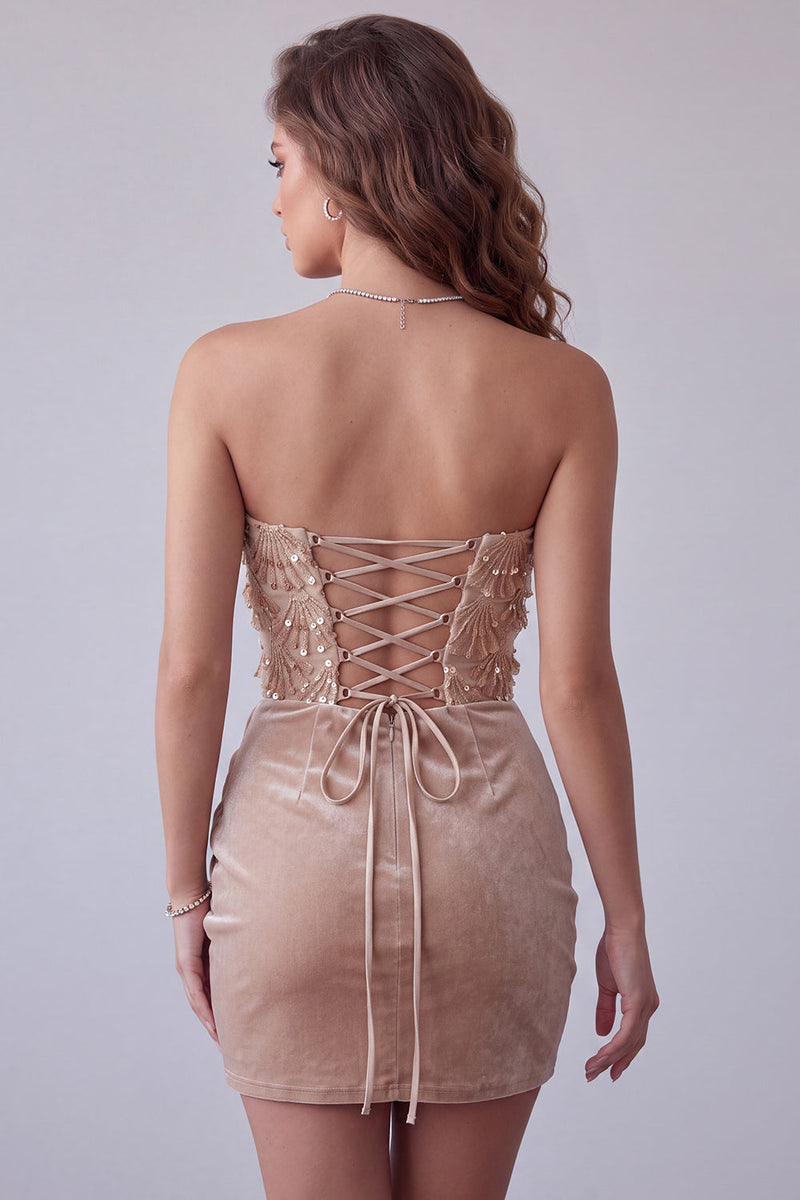 Load image into Gallery viewer, Champagne Sparkly Tight Velvet Ruched Floral Asymmetrical Cocktail Dress with Sequins