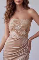 Load image into Gallery viewer, Champagne Sparkly Tight Velvet Ruched Floral Asymmetrical Cocktail Dress with Sequins
