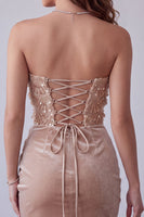 Load image into Gallery viewer, Champagne Sparkly Tight Velvet Ruched Floral Asymmetrical Cocktail Dress with Sequins