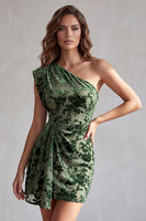 Load image into Gallery viewer, Ruched Eucalyptus Velvet Floral Tight Short Cocktail Dress with Sash