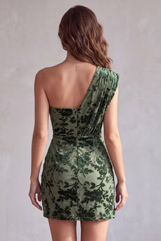 Ruched Eucalyptus Velvet Floral Tight Short Cocktail Dress with Sash