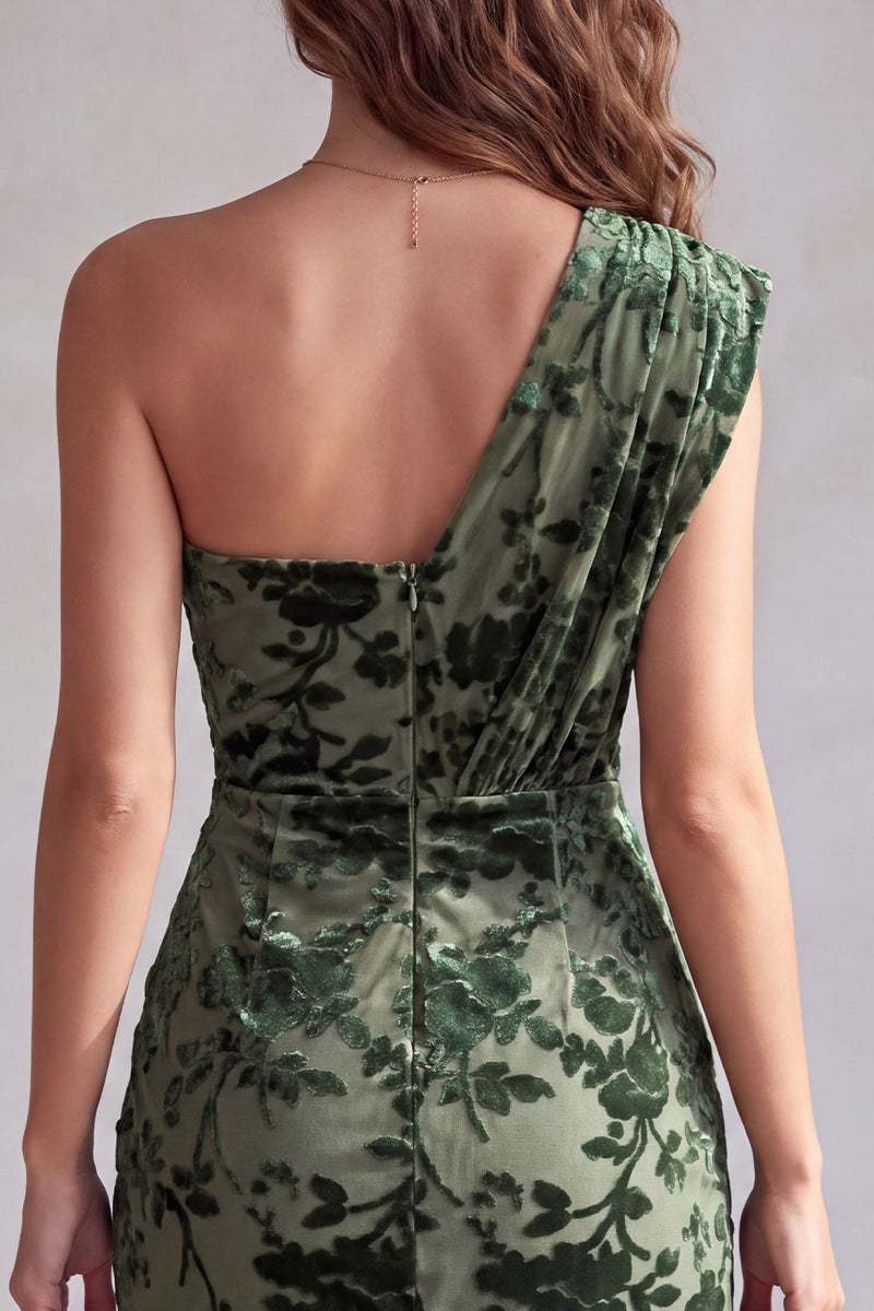 Load image into Gallery viewer, Ruched Eucalyptus Velvet Floral Tight Short Cocktail Dress with Sash