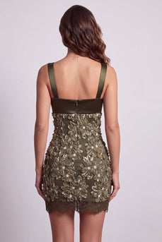 Olive Tight Sparkly Sequin Short Cocktail Dress with 3D Flowers