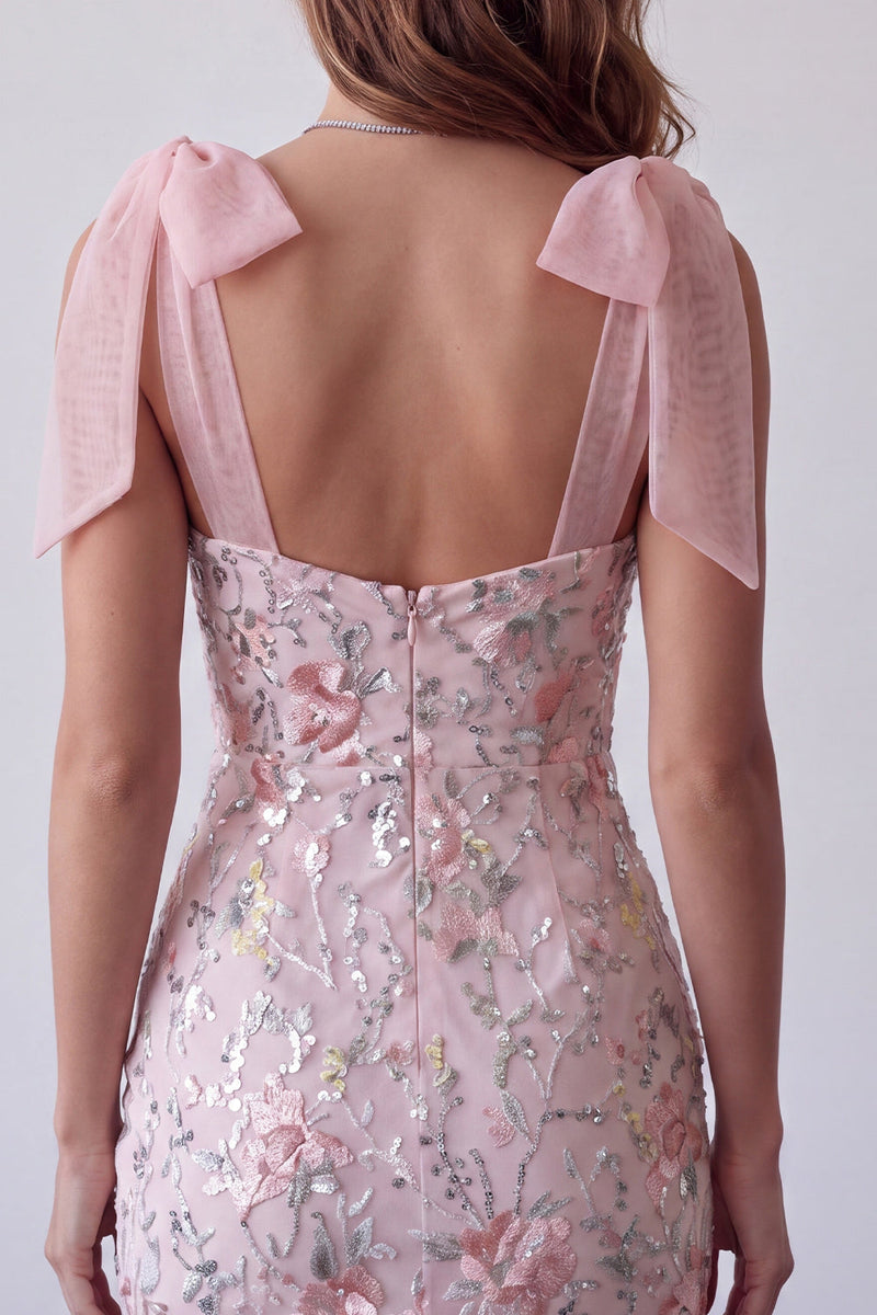 Load image into Gallery viewer, Bodycon Blush Sparkly Floral Sequin Short Cocktail Dress with Bow