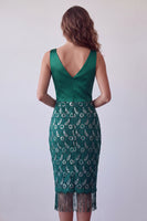 Load image into Gallery viewer, Sparkly Sequin Dark Green Tight V-Neck Midi Cocktail Dress with Fringes