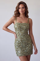 Load image into Gallery viewer, Bodycon Olive Floral Sparkly Sequin Short Cocktail Dress