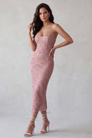 Load image into Gallery viewer, Pink Bodycon Sparkly Sequin Beaded Sweetheart Midi Cocktail Dress with Slit