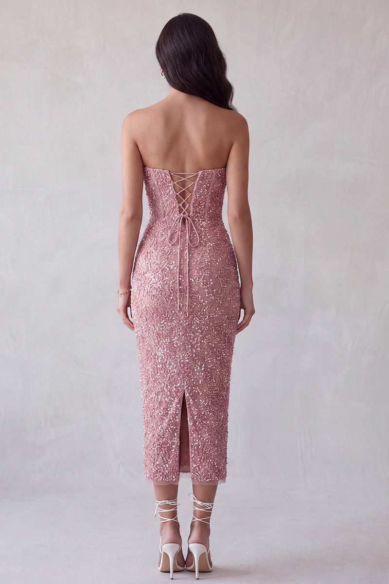Load image into Gallery viewer, Pink Bodycon Sparkly Sequin Beaded Sweetheart Midi Cocktail Dress with Slit