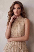 Load image into Gallery viewer, Sparkly Sequin Champagne Ruffled A Line Floral Midi Cocktail Dress
