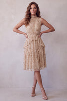 Load image into Gallery viewer, Sparkly Sequin Champagne Ruffled A Line Floral Midi Cocktail Dress