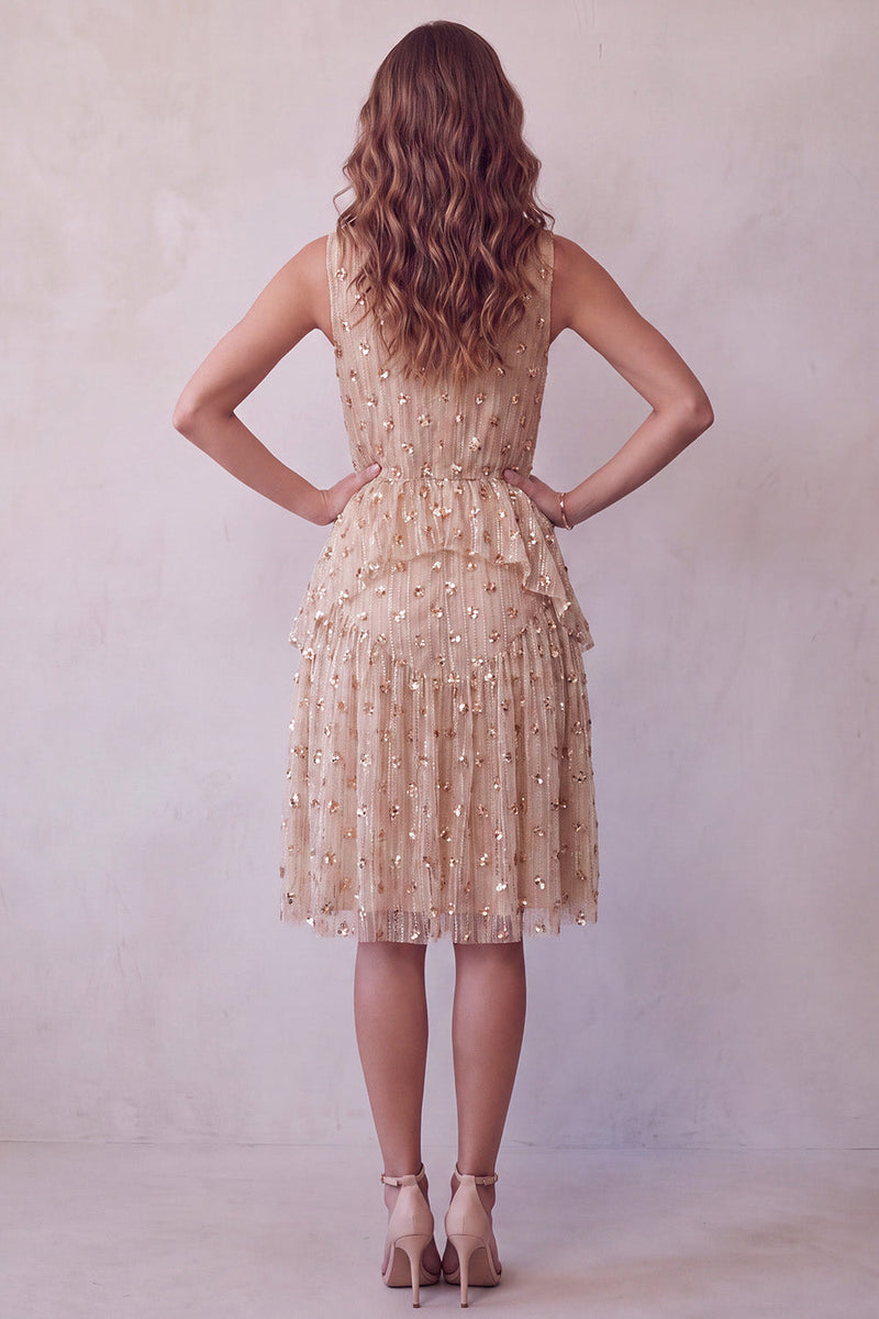 Load image into Gallery viewer, Sparkly Sequin Champagne Ruffled A Line Floral Midi Cocktail Dress