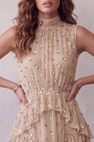Load image into Gallery viewer, Sparkly Sequin Champagne Ruffled A Line Floral Midi Cocktail Dress
