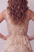 Load image into Gallery viewer, Sparkly Sequin Champagne Ruffled A Line Floral Midi Cocktail Dress